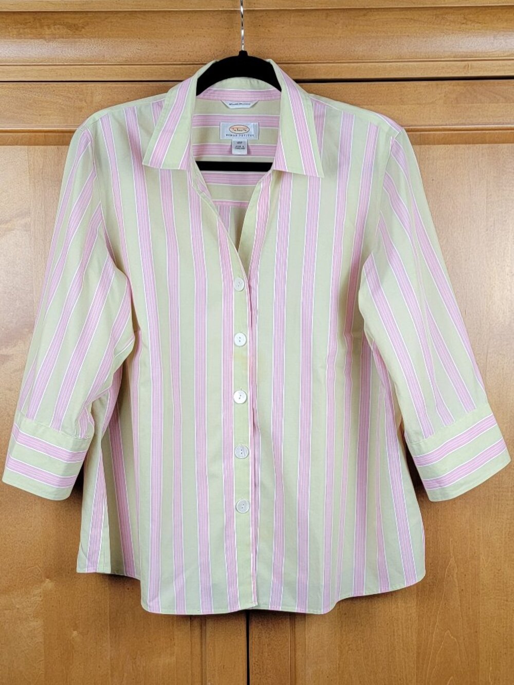 Talbots Vintage 1990s Wrinkle Resistant 3/4 Sleeve Pink and Chartreuse Cotton Bl